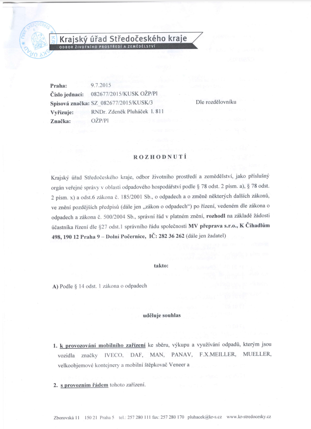 Povolení Krajského úřadu Středočeského kraje